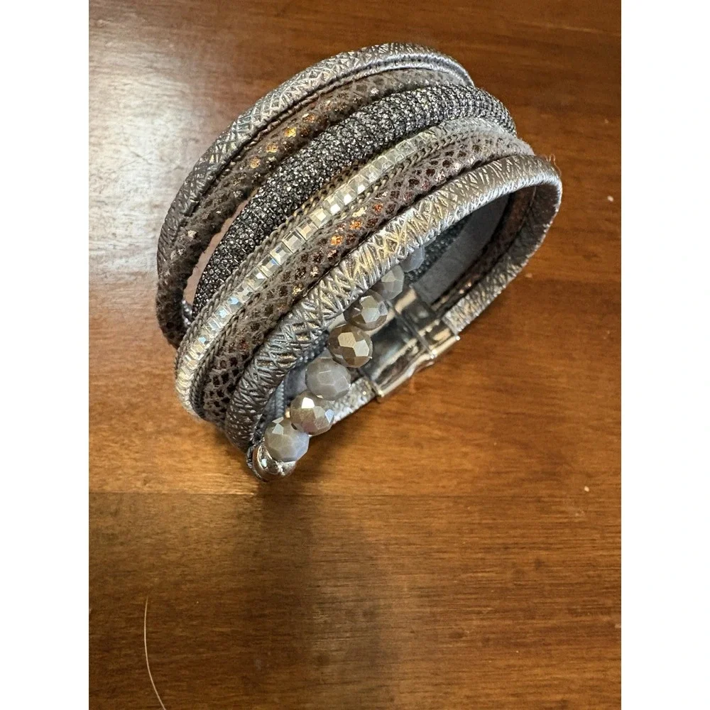 Donna's Curated Silver Drift Multi Strand Magnetic Wrap Bracelet Gray Crystal